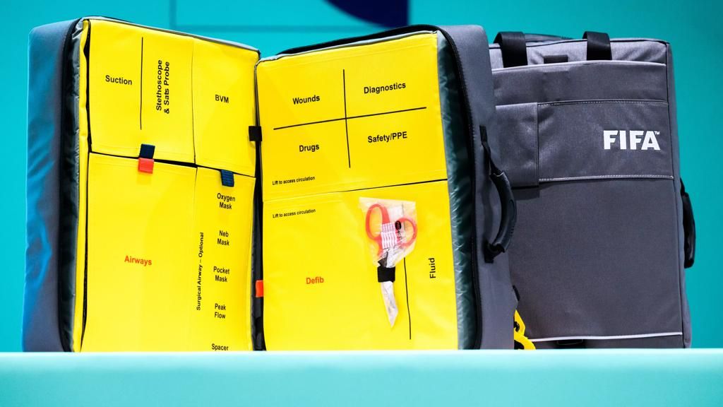 FIFA Emergency Care Bag opened out, showing labelled compartments
