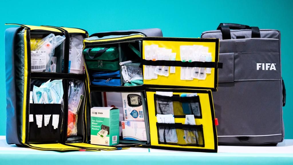 FIFA Emergency Care Bag opened out, showing labelled compartments