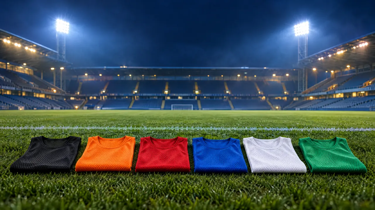 Six training bibs in the role colours — black, orange, red, blue, white and green — laid in a row on a floodlit pitch