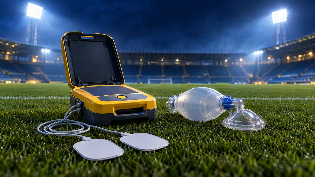 An AED with its pads and a bag-valve mask on the grass of a floodlit pitch