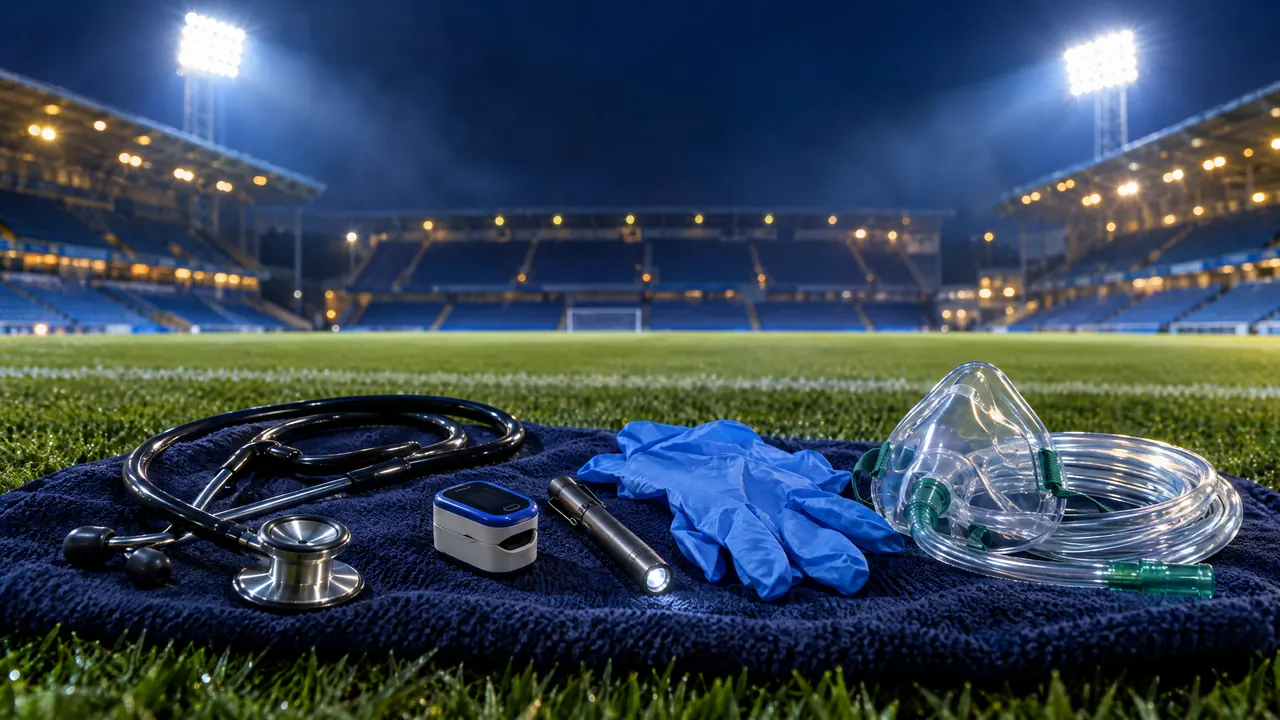 Stethoscope, pulse oximeter, pen torch, gloves and an oxygen mask laid out on a floodlit pitch