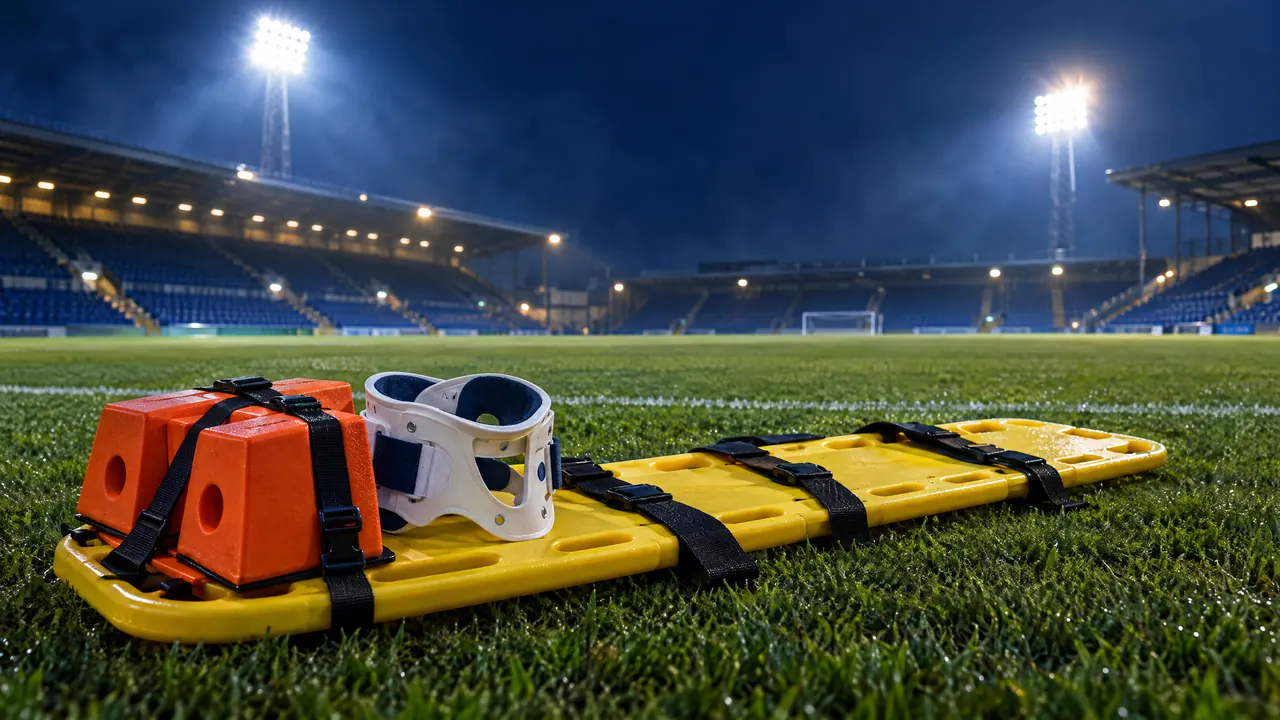 Spinal board with head blocks and a cervical collar on the grass of a floodlit pitch