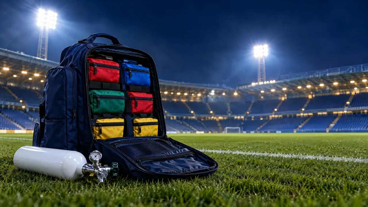 An open emergency backpack with colour-coded pouches and an oxygen cylinder on a floodlit pitch