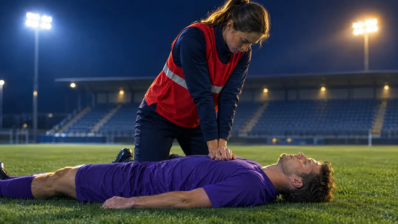 Medic in a red bib on the player's right giving chest compressions: arms straight, shoulders over the hands, hands on the centre of the chest