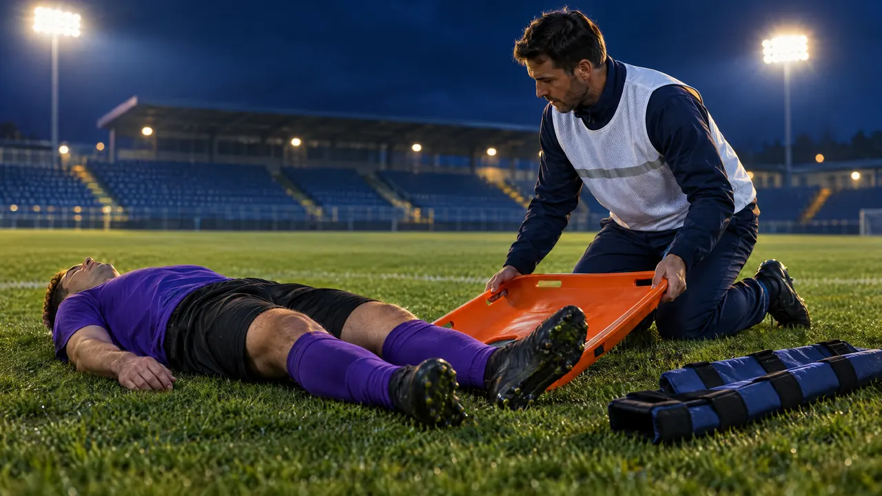 Medic in a white bib on the player's right at the legs, readying one half of a scoop stretcher, with splints beside